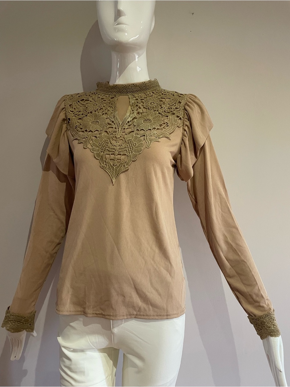 Lace-Yoke Long Sleeve Top in Tan